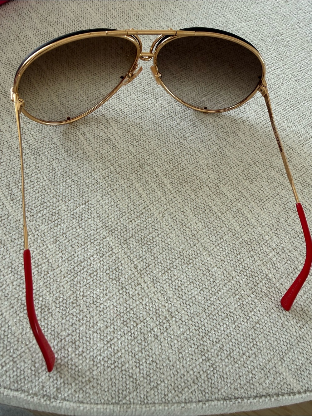 Carrera Gold Aviator Sunglasses with Brown Gradient Lenses and Red Temple Tips